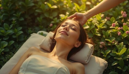 Obraz premium Relaxed young woman enjoying a massage in a serene garden setting with nature background, an receiving Reiki healing 