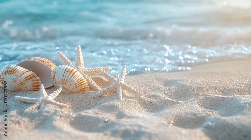 Poster shells and starfish with the background of the beach sand. summer concept. 3d rendering. large copy 