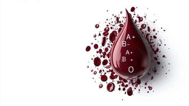 A drop of life-saving red blood on a white background surrounded by traces of blood and with indications of blood groups