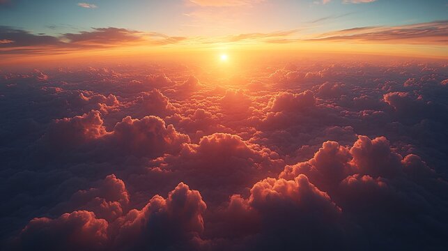 iew of clouds and sky from airplane window, photo-realistic style, against a sunlit background, concept of travel