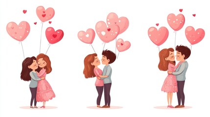 Fototapeta premium Young caucasian couple embracing with heart balloons in romantic illustration. The 14th of February. Happy Valentine's Day