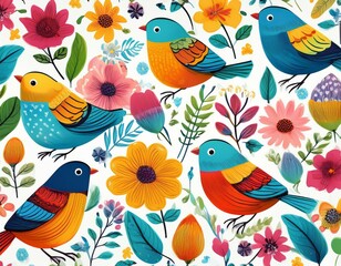 Obraz premium Generated image Seamless cartoon pattern of birds and flowers in bright colors for children