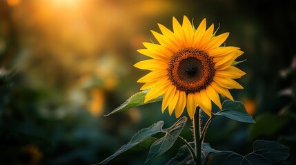 Obraz premium Golden sunflower glows, sunset backdrop.