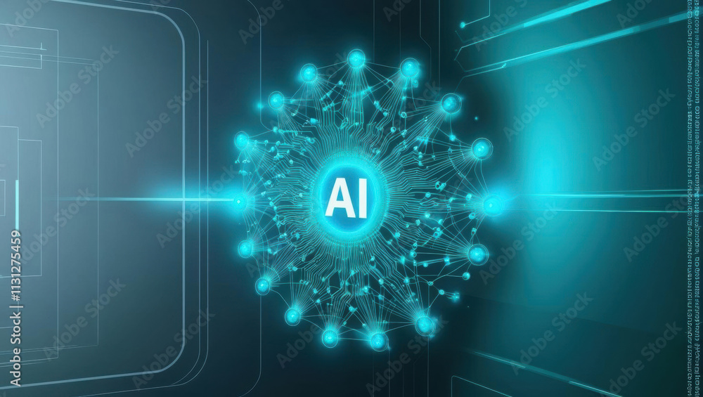 Poster glowing ai algorithm visualized as neural network on digital background, showcasing technology and i