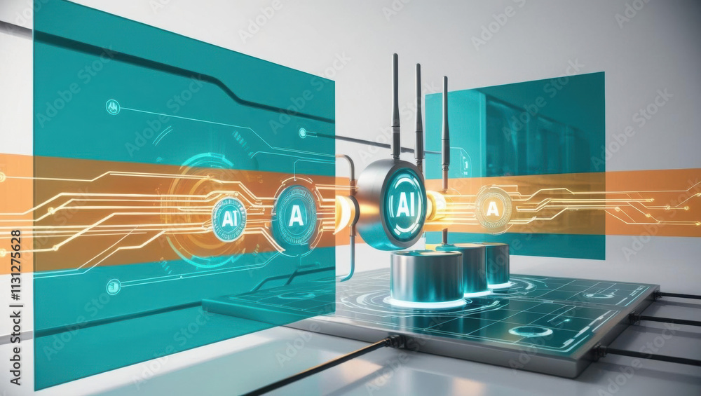 Poster glowing energy grid controlled by ai systems, showcasing dynamic overlays that represent efficiency 