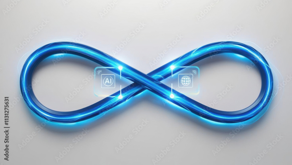 Poster glowing infinity loop formed by digital lines and ai icons symbolizes continuous ai automation and i