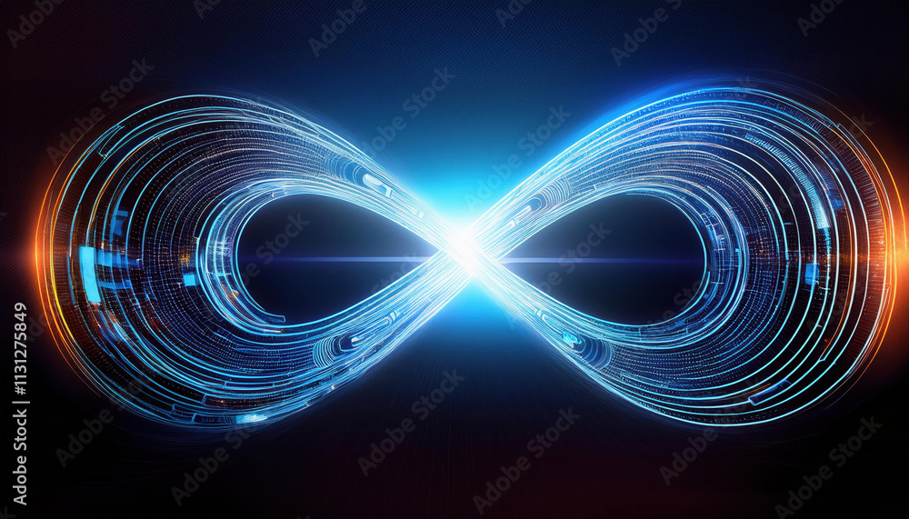 Poster glowing infinity loop formed by digital lines and ai icons symbolizes endless possibilities in techn