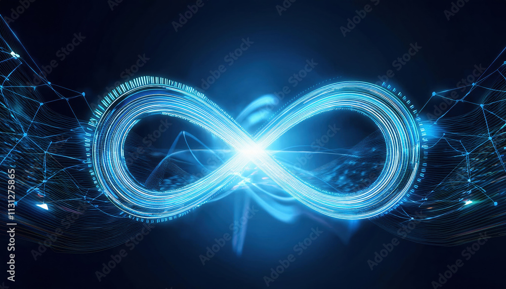 Poster glowing infinity loop formed by digital lines and ai icons symbolizes endless possibilities in techn