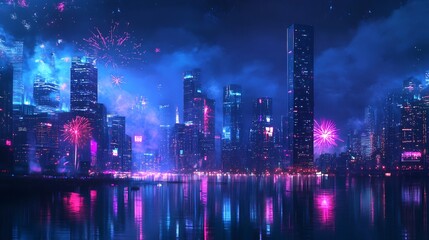 Fototapeta premium Futuristic Cityscape with Fireworks at Night