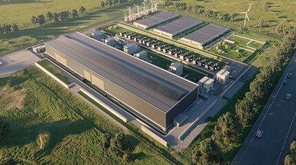Large Scale Energy Storage Facility Connected to Wind Turbines and Solar Panels in a Natural Landscape