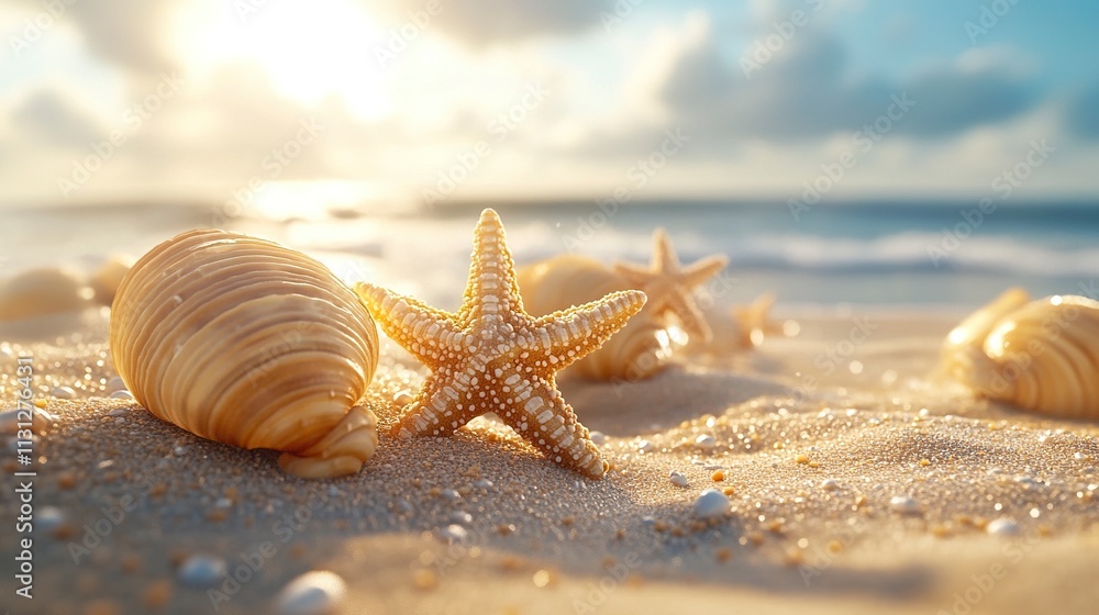 Poster shells and starfish with the background of the beach sand. summer concept. 3d rendering. large copy 