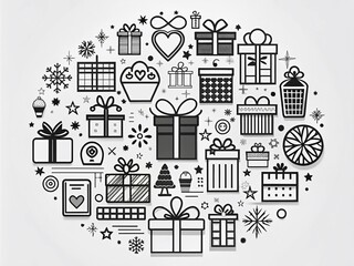 Fototapeta premium Black and white gift icons featuring aerial photography illustrations, minimalistic line art, vector graphics for holiday themes, celebrations, and presents. Perfect for various occasions.