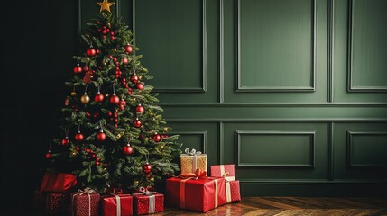 Christmas tree with colorful gifts in a corner on a classic green colour home background