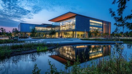 Obraz premium Modern Energy Center with Reflective Water and Green Surroundings at Dusk Showcasing Innovative Technology