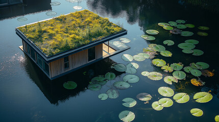 Submerged eco-home with only its green roof visible above water, lily pads floating nearby, sunlight shimmering on the water surface