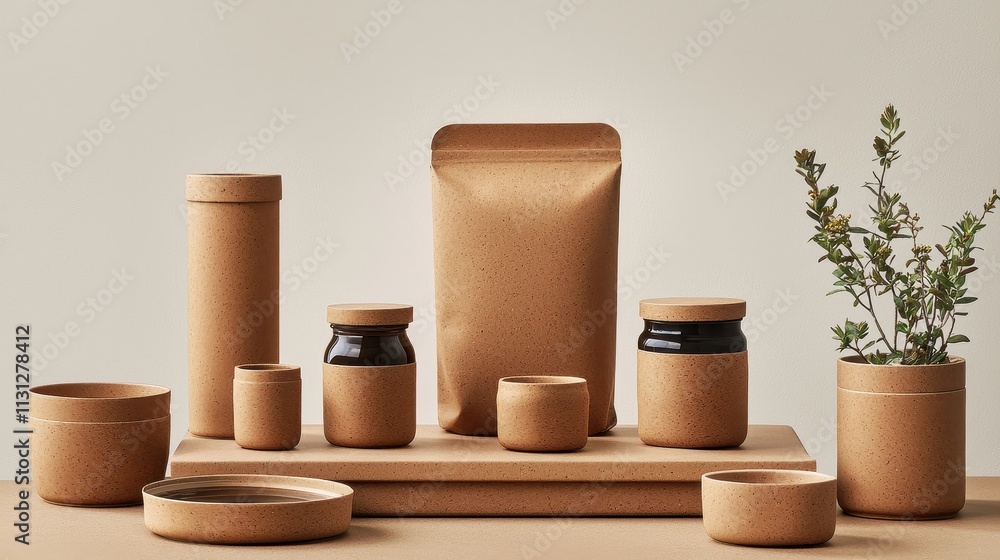 Poster modern natural packaging design studio with simple and elegant containers on neutral background