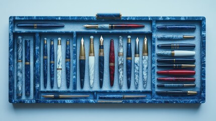 Assorted luxury pens in a blue marbled box.
