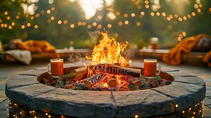 Cozy Outdoor Fire Pit with Warm Drinks and Twinkling Lights.