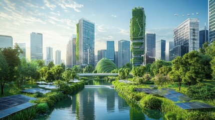 Fototapeta premium Modern Smart Cityscape Featuring Green Parks and Solar-Powered Structures in a Vibrant Environment
