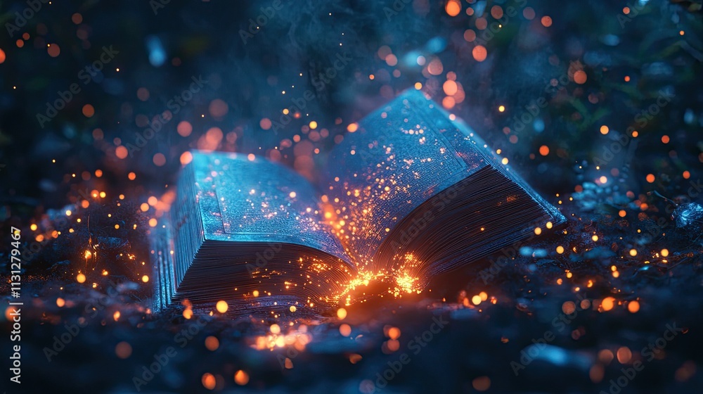 Aufkleber open magic book surrounded by glowing abstract lights, creating an enchanting and mystical fantasy c