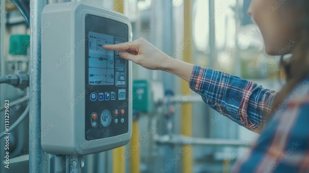 Poster person checking water usage on smart meter in modern industrial setting