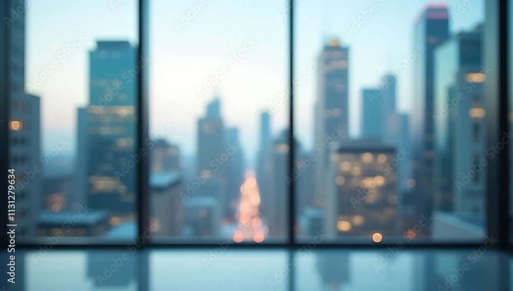 Poster Glass walls blur into a cityscape background creating a modern abstract window effect in photographs._00001_