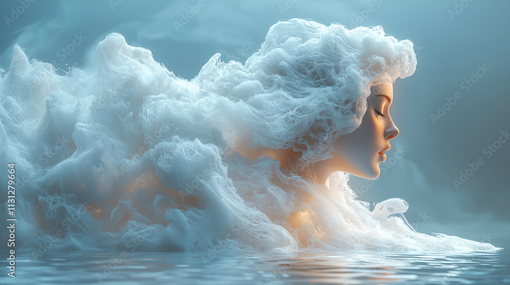 Poster clouds merge with a serene figure in a tranquil water setting during a dreamy moment at dawn. genera