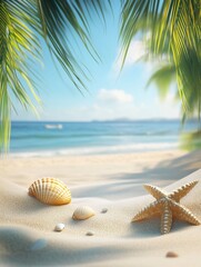 shells and starfish on sandy beach and palm trees on the background of the sea blurred landscape. Summer concept. 3D rendering. Copy space.