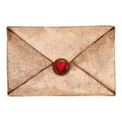 Kraft paper postal envelope with love letter. Isolated watercolor illustration for Valentine's Day, Birthday. Design element for postcard, greeting, poster, etc.
