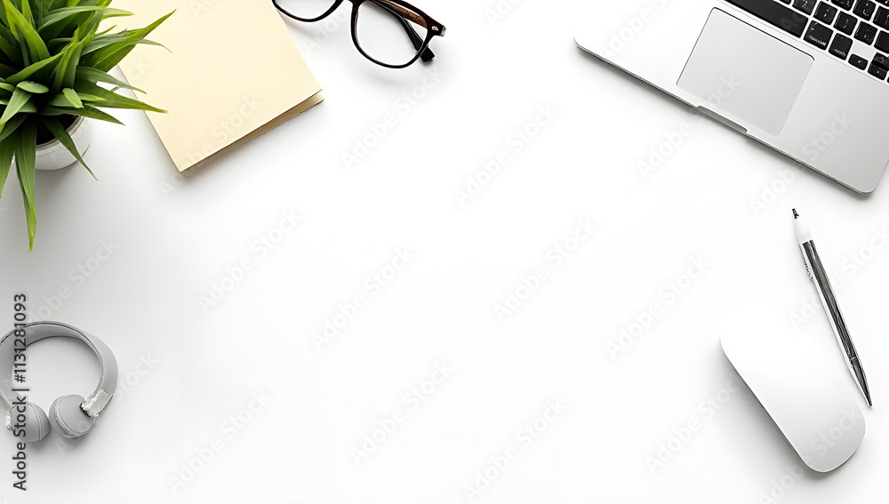Aufkleber Flat lay design features business ideas with a top view of a digital device and work tools on a clean white background fostering creativity._00004_
