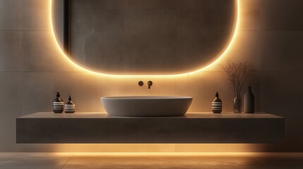Glowing lighting enhancing a modern bathroom with a backlit oval mirror, countertop sink, and chic accessories, evoking a tranquil and opulent ambiance