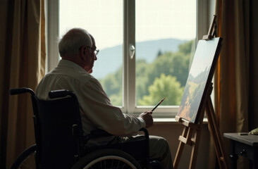 an older man in a wheelchair is painting a picture of landscape