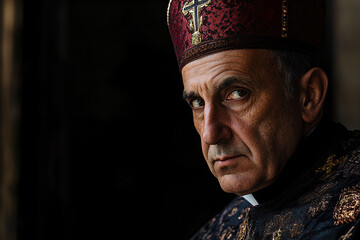 a solemn man in religious attire wearing an ornate hat gazes intensely from a dimly lit setting emphasizing tradition
