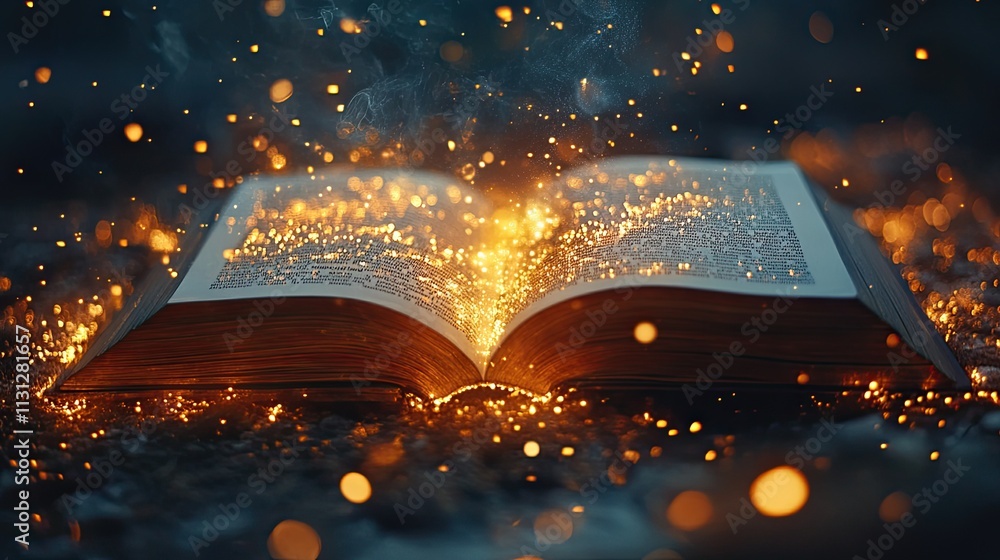 Poster magic book with open pages and abstract lights