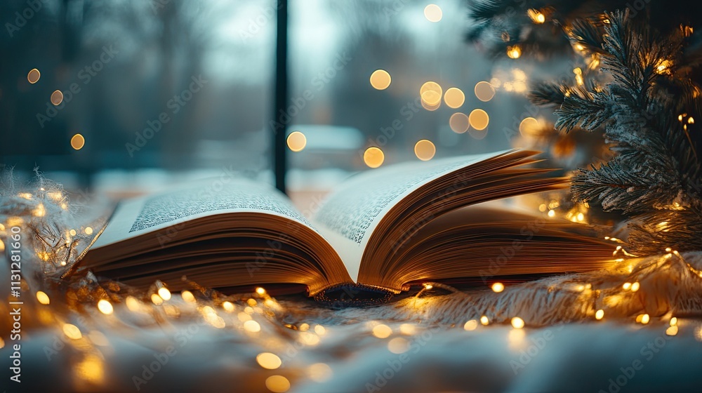 Poster magic book with open pages and abstract lights