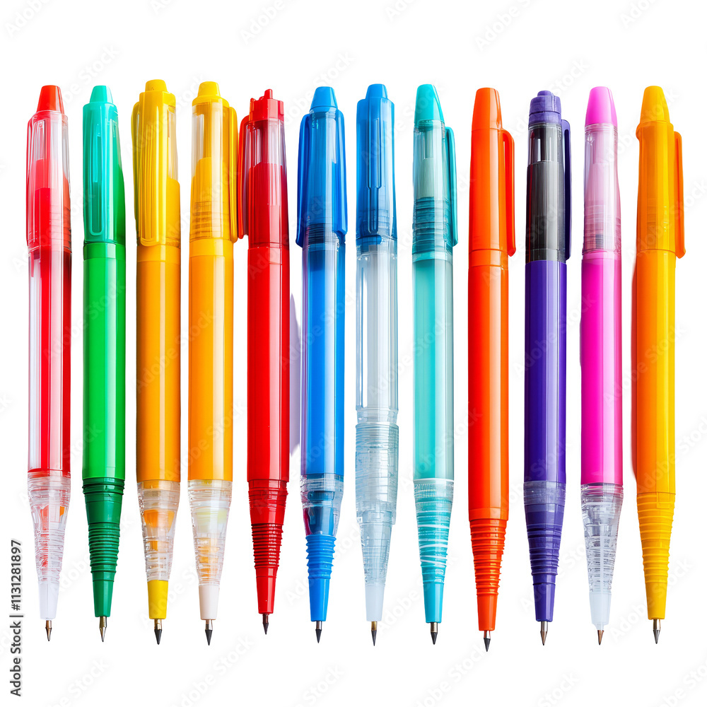Poster colorful pens and markers arranged neatly in a row on a transparent background for creative projects