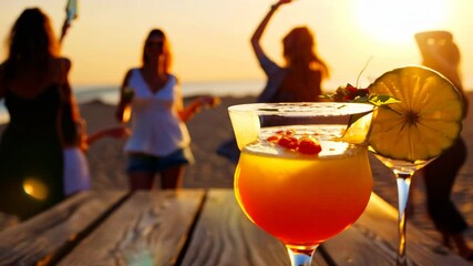 Close-up of several alcoholic cocktails on a beach bar counter and dancing people in the background. Enjoy the rhythm of the beach with cocktails and dancing in the background.
