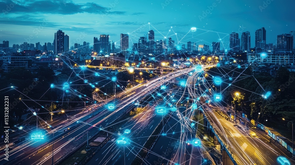 Poster smart city visualization with ai technology enhancing public spaces at night with light trails and c