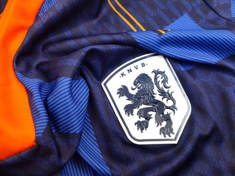 Photo of the Netherlands national football team emblem, featured on the 2024 season away kit.