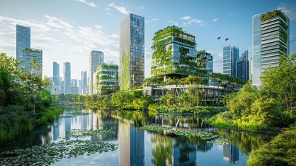 Obraz premium Modern Sustainable City with Eco-Friendly Buildings and Green Spaces Reflecting in Water