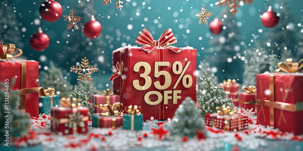 Poster festive shopping is occurring in this 3d winter scene consisting of snowflakes and presents over red