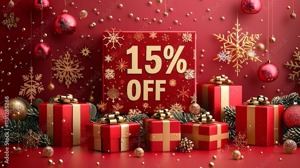 Poster festive shopping is occurring in this 3d winter scene consisting of snowflakes and presents over red