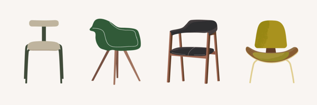 Chair vector illustration set: mid century modern wooden furniture