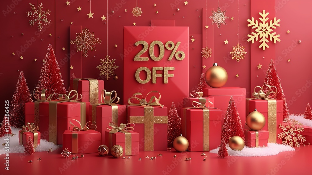 Poster festive shopping is occurring in this 3d winter scene consisting of snowflakes and presents over red