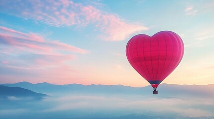 Fototapeta premium Heart-Shaped Hot Air Balloon Soaring Above Misty Mountains at Sunrise