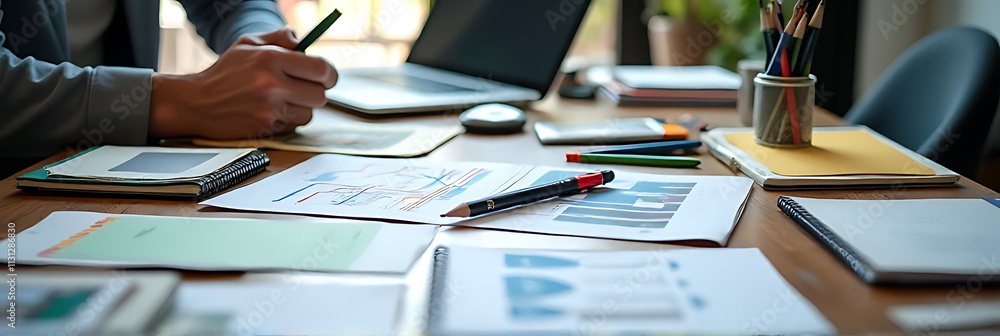 Poster content marketing ideas are often created using computers and laptops along with various office supp