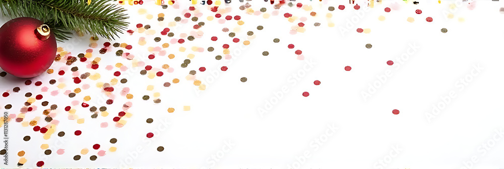 Aufkleber confetti is scattered across a christmas decoration on a white background, creating a visually appea