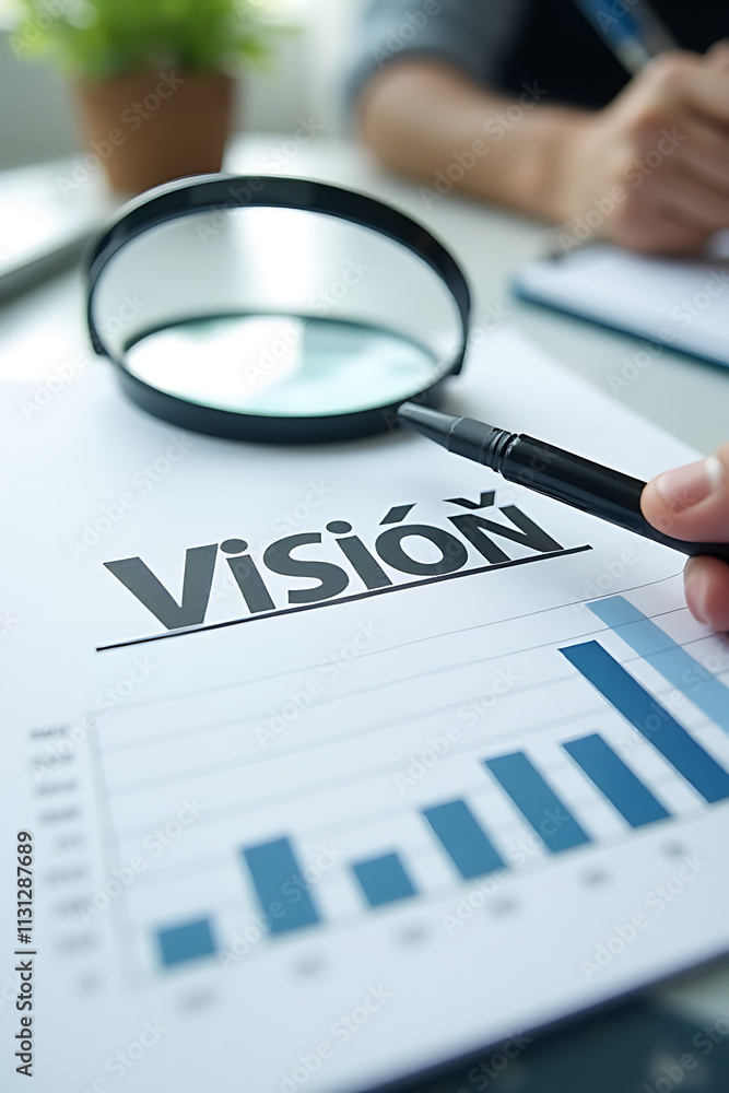 Aufkleber concepts of business vision and analysis are placed on a desk with a magnifying glass and empty spac