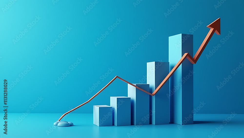 Poster concepts for business growth feature a rising graph on a blue table background, illustrating continu