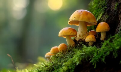 Fototapeta premium Golden Mushrooms Cluster Growing On Mossy Tree Trunk